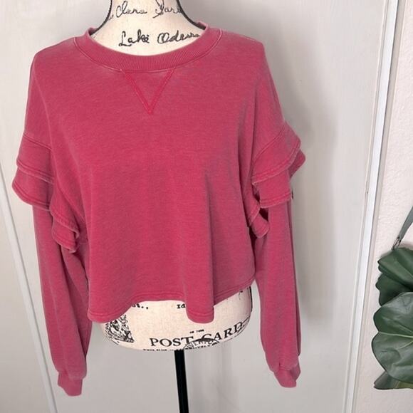 7 For All Mankind Crop Ruffle Sleeve Sweatshirt Size Large - Picture 2 of 6